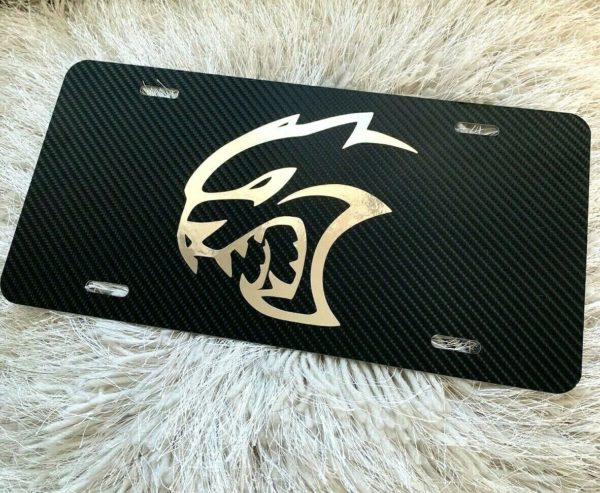 Mopar Hellcat License Plate Carbon Fiber Chrome Logo New Challenger Ram Srt Srt8