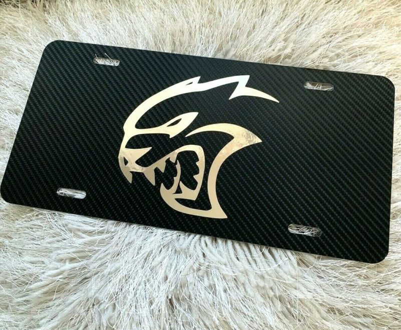 Mopar Hellcat License Plate Carbon Fiber Chrome Logo New Challenger Ram Srt Srt8