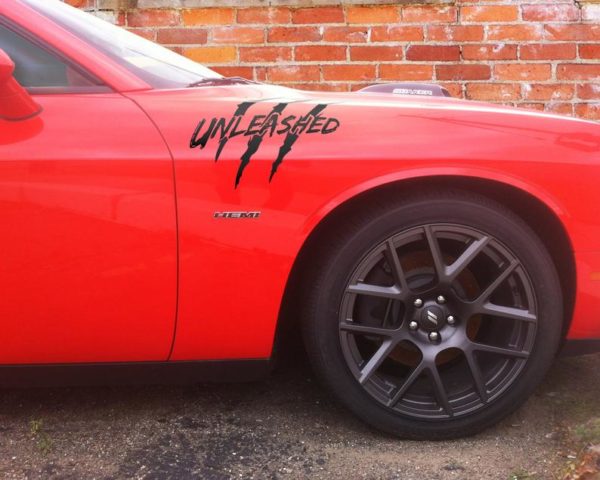 Dodge Challenger "UNLEASHED-----RRRipped, Claw Marks" Hood Decal Kit Cost Includes Driver & Passenger Sides