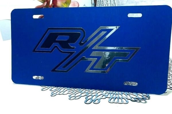 Mopar RT Custom License Plate Brushed Blue Chrome Logo Charger Challenger Ram