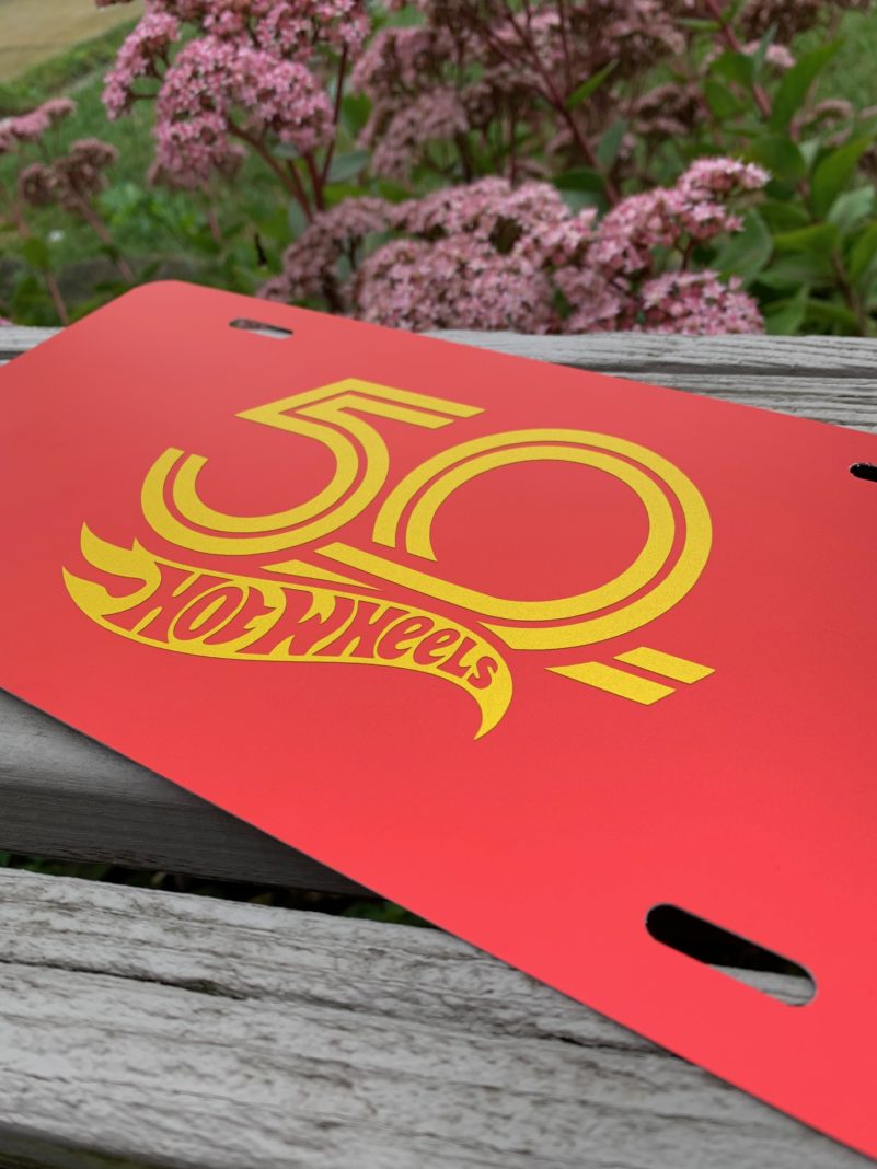 Hand Crafted Custom 50th Anniversary Hot Wheels Logo License Plate New Gold Satin Fits Chevy Camaro Corvette Race Cars - Image 2