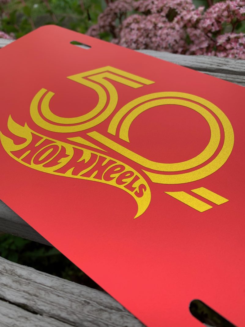 Hand Crafted Custom 50th Anniversary Hot Wheels Logo License Plate New Gold Satin Fits Chevy Camaro Corvette Race Cars