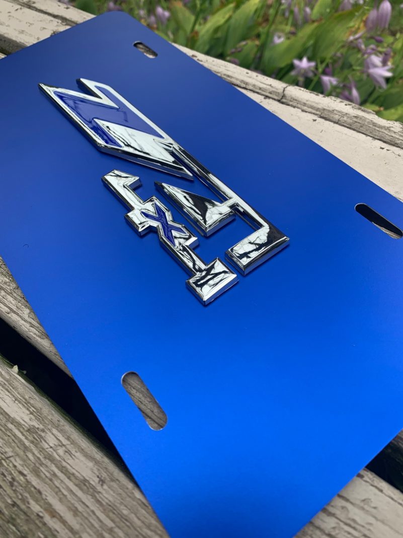 Custom 3D Z71 License Plate New Blue Satin Fits Chevrolet Silverado Tahoe Suburban GMC Raptor