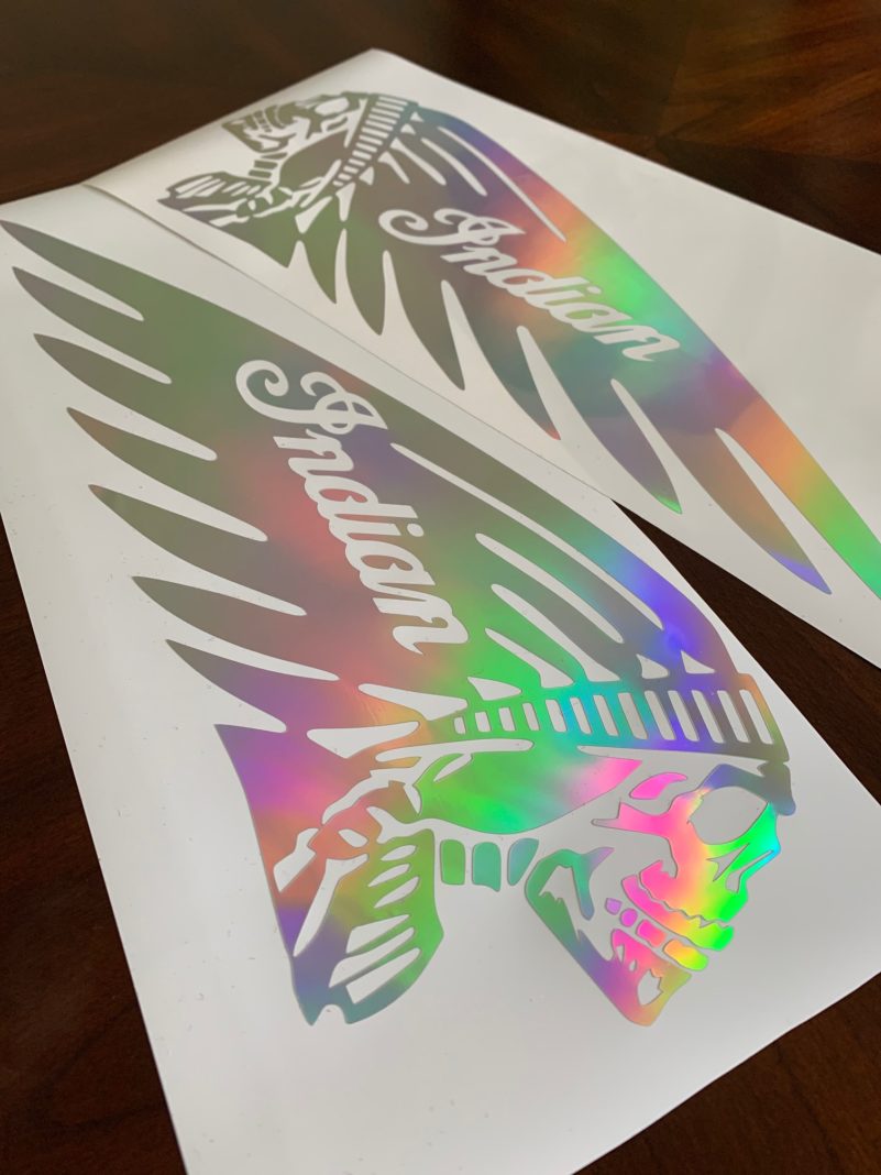 OEM Indian Skull Motorcycle Fuel Gas Tank Decals Stickers 2PC Set New Custom Holographic Silver (Rare Handcrafted) - Image 2