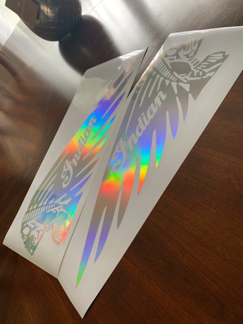 OEM Indian Skull Motorcycle Fuel Gas Tank Decals Stickers 2PC Set New Custom Holographic Silver (Rare Handcrafted) - Image 3