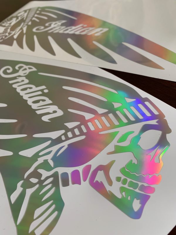 OEM Indian Skull Motorcycle Fuel Gas Tank Decals Stickers 2PC Set New Custom Holographic Silver (Rare Handcrafted)