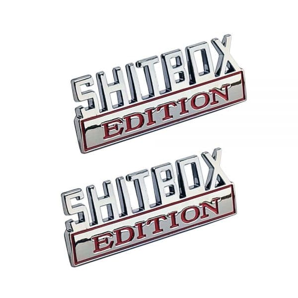 OEM NEW Genuine SHITBOX Edition Emblems Fits Ford GMC Chevy Dodge Mopar Universal 2PC Set (Chrome/Red)