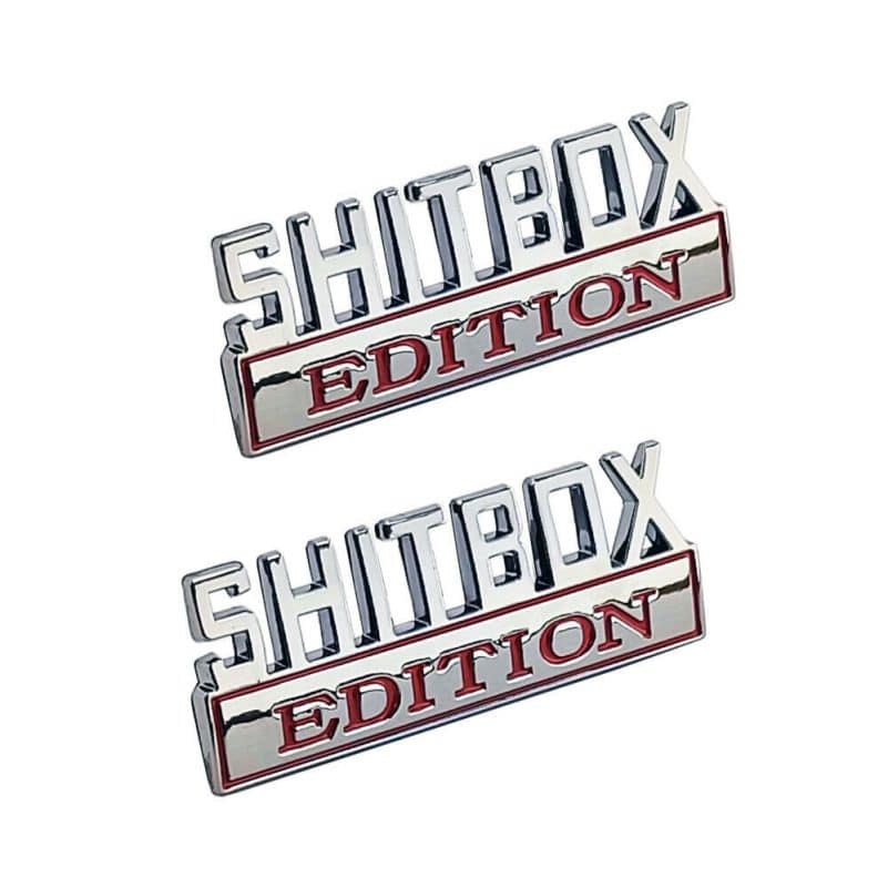 OEM NEW Genuine SHITBOX Edition Emblems Fits Ford GMC Chevy Dodge Mopar Universal 2PC Set (Chrome/Red)